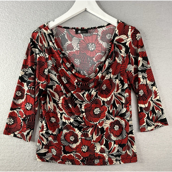 Vtg AB Studios Cowl Neck Top Womens Sz L Stretch Red Floral Y2K Whimsigoth - Picture 1 of 9